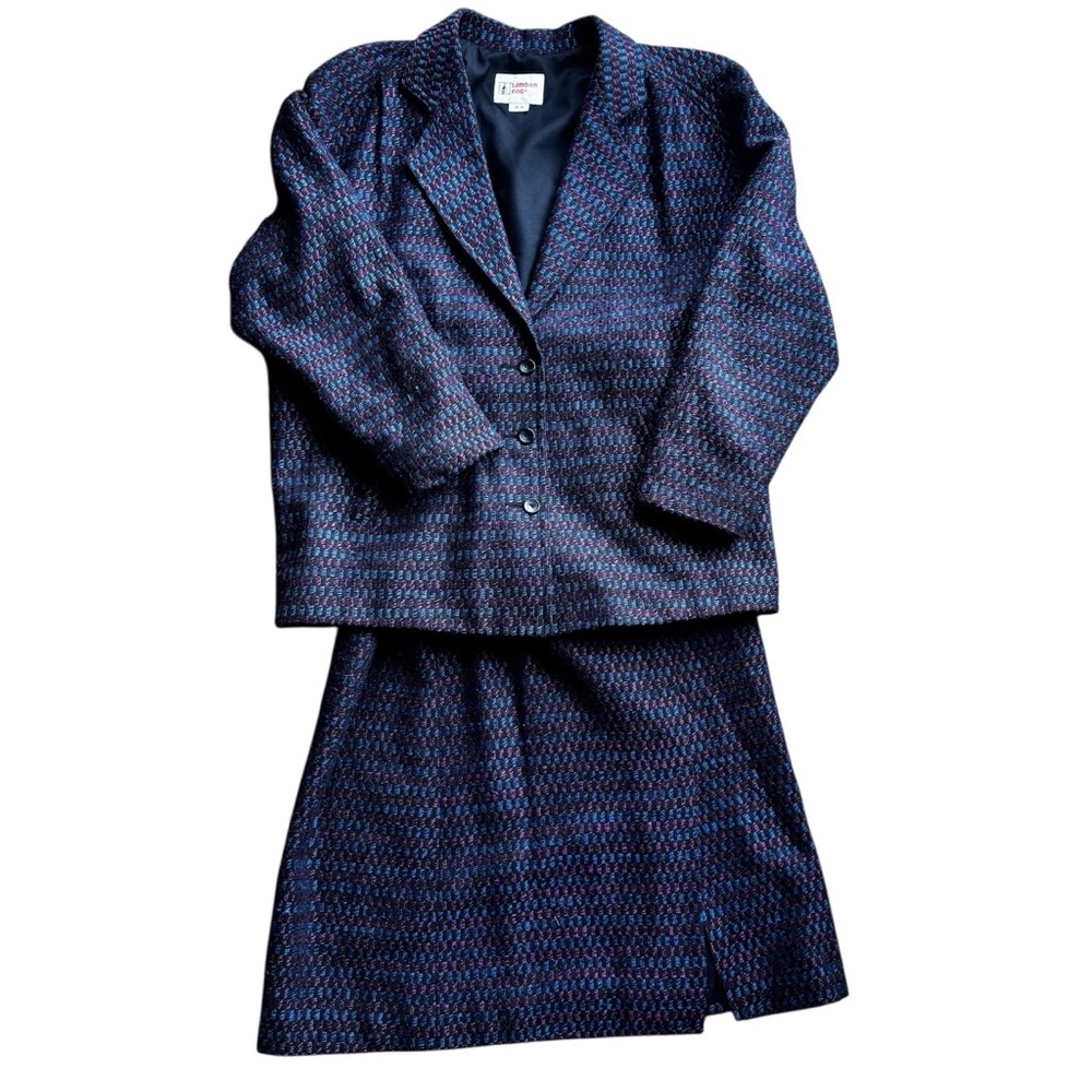 Vintage London Fog 2 Piece Skirt Wool Suit Set Patterned Blazer Jacket Classic